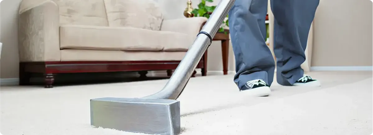 Carpet cleaning technician using a hot-water extraction wand on a light-colored carpet in a living room, Lakewood, CO.
