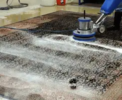 Professional rug cleaning with a rotary floor machine and shampoo foam, deep-cleaning an area rug, in Lakewood, CO.